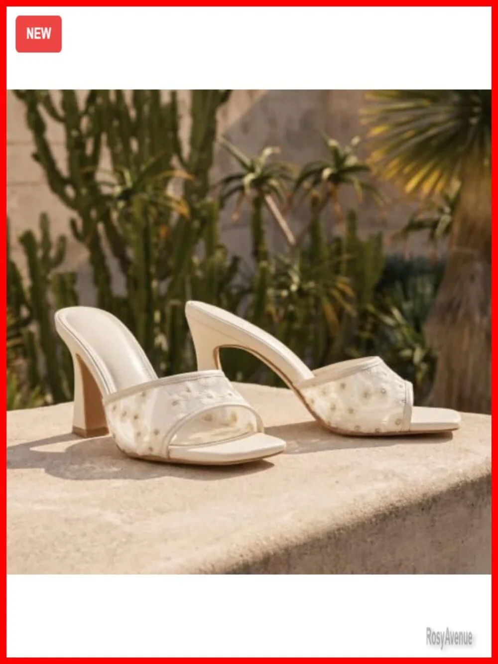 Floral Embroidered Mesh Kitten Heel Mules - Open Toe Block Heels 3.5